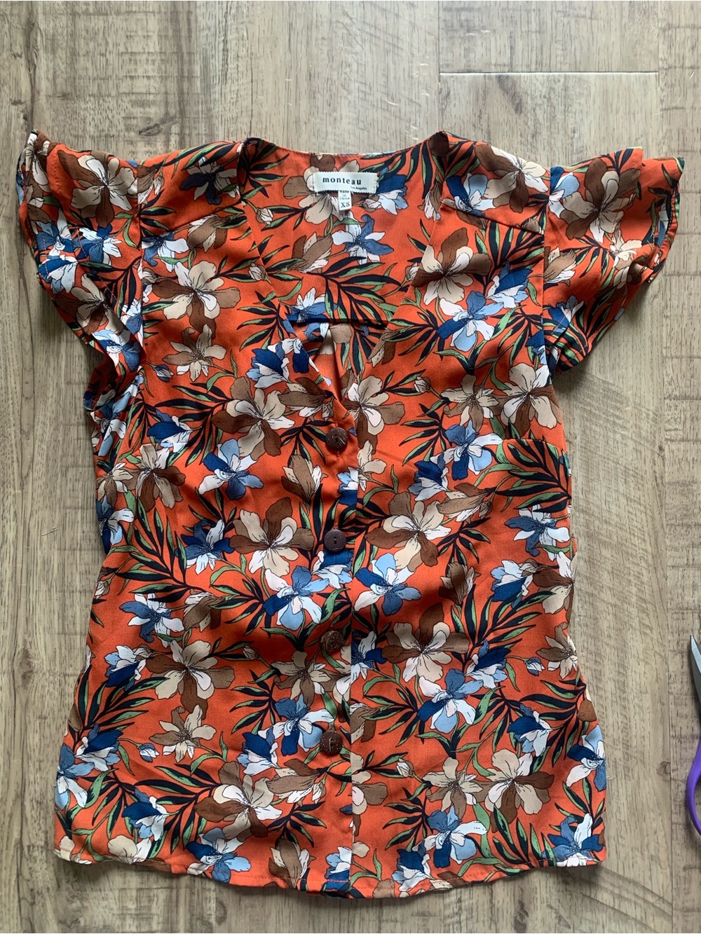 Monteau Floral Print Button-up with Tie Back and Ruffle Cap Sleeve